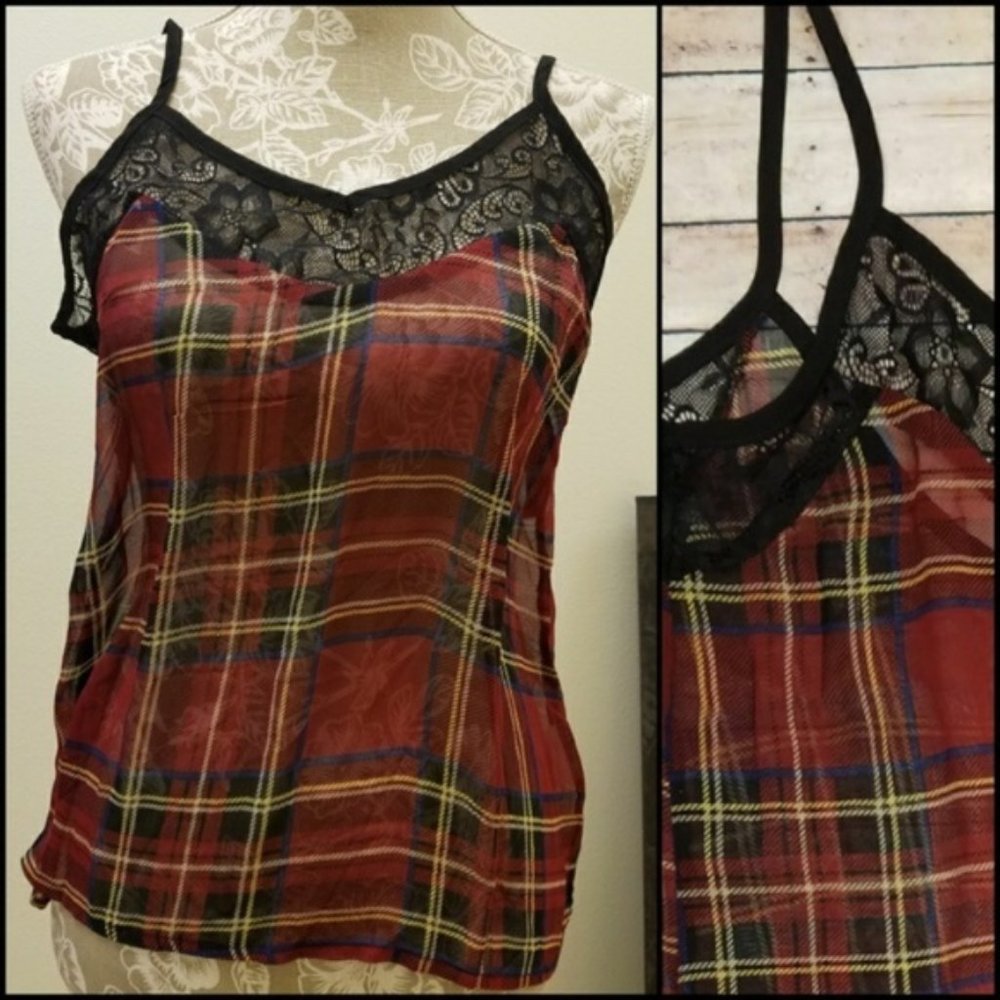 LF NAANAA Lace Top Plaid Cami